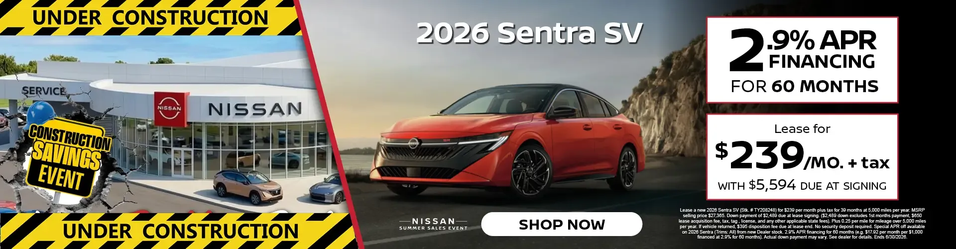 Bella Nissan of Venice 2.9 percent financing for 60 months on the 2026 Sentra SV or lease for $239 per month.